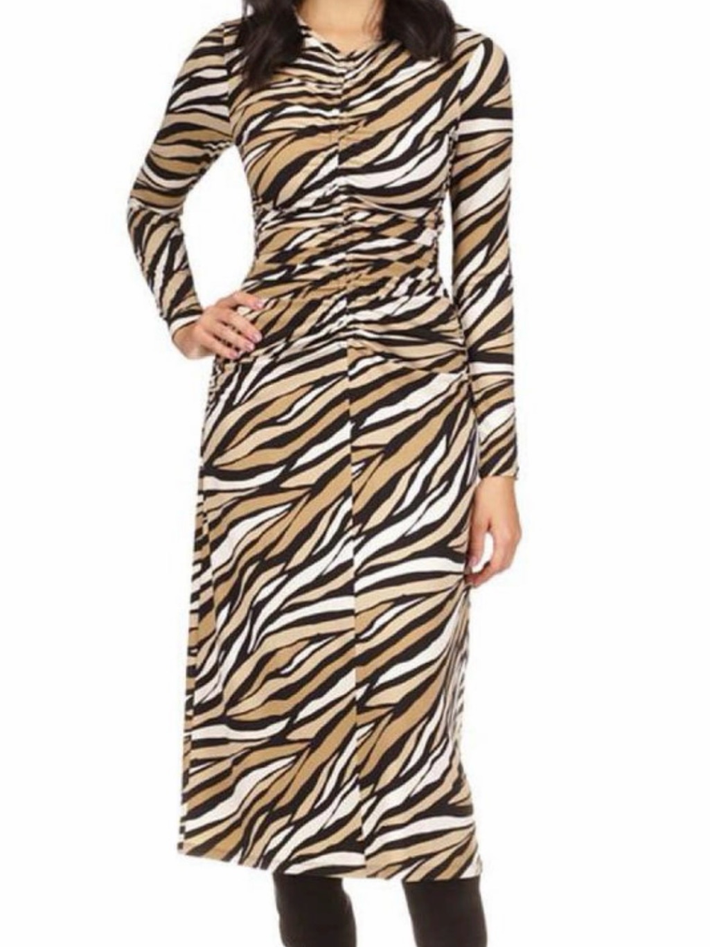 Michael Kors-Long Sleeve Zebra-Print Midi Dress In Tan/Black/White